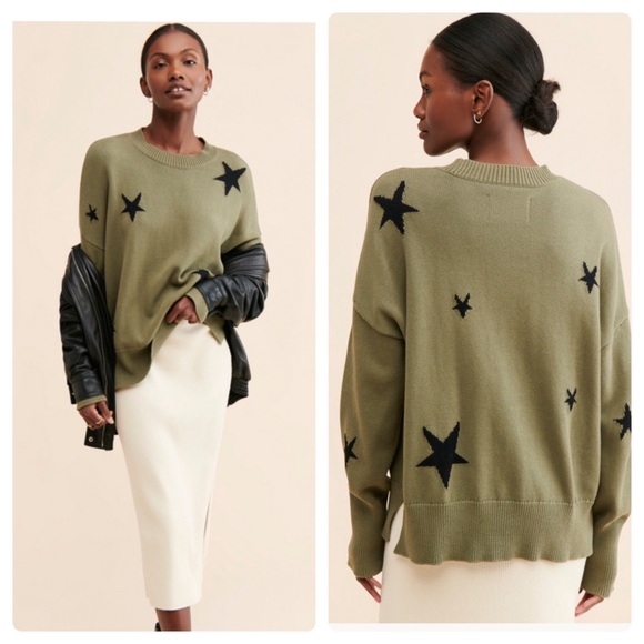 PISTOLA Daria Crewneck Sweater Knit Sz XS Oversized Stars Graphic Olive Green - Picture 1 of 16